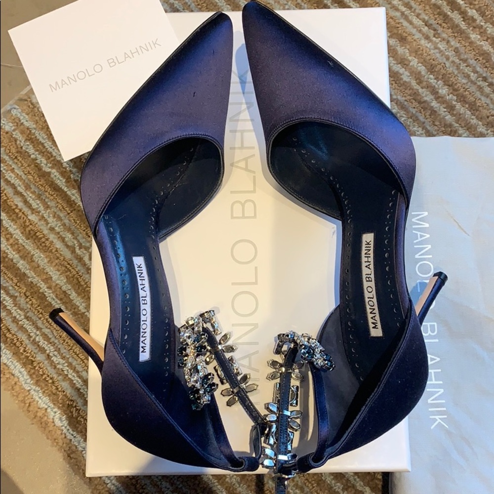 Like New Manolo Blahnik Navy Satin Crystal Pumps - Picture 8 of 8